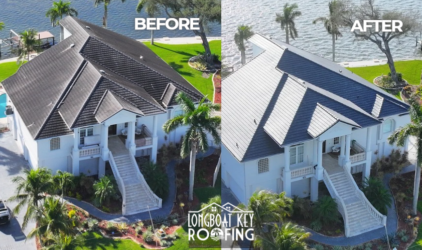 Palma Sola Florida tile roof project on the water 3-26-26 - front before and after